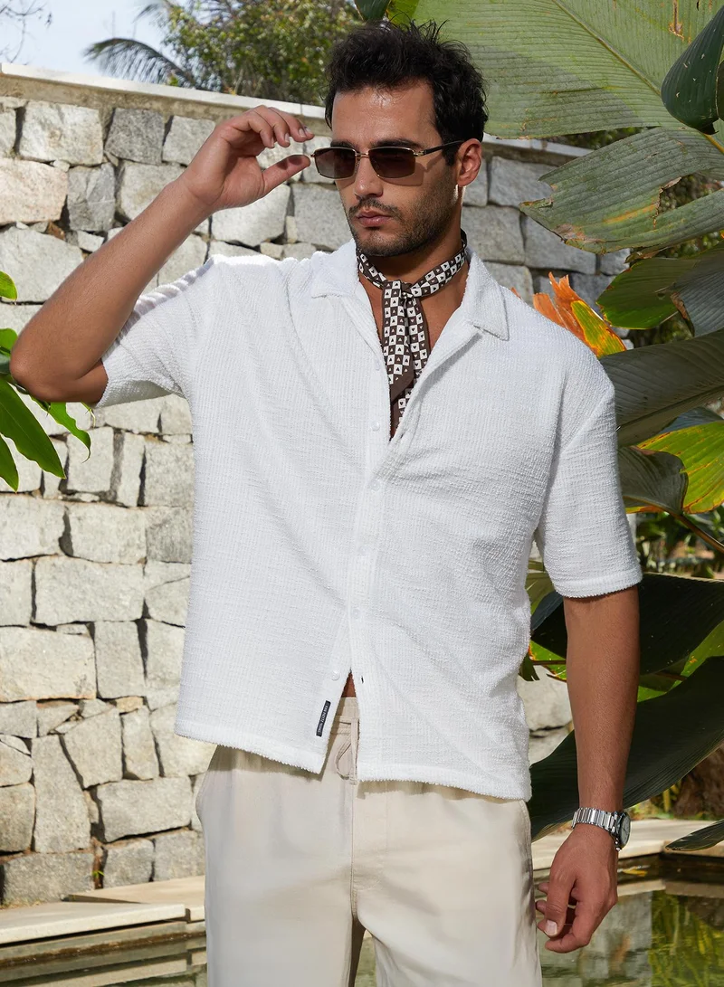 Men's Chalk White Tactile-Resort Oversized Shirt For Casual Wear | Cuban Collar | Short Regular Sleeves | Button Closure | Oversized Shirt Crafted With Comfort Fit For Everyday Wear